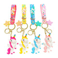 Cute Cartoon 3D PVC Animal rainbow Pink Yellow Red Blue Horse Unicorn Keychain with Wristband Strap Toys Kid unicorn Key Chain