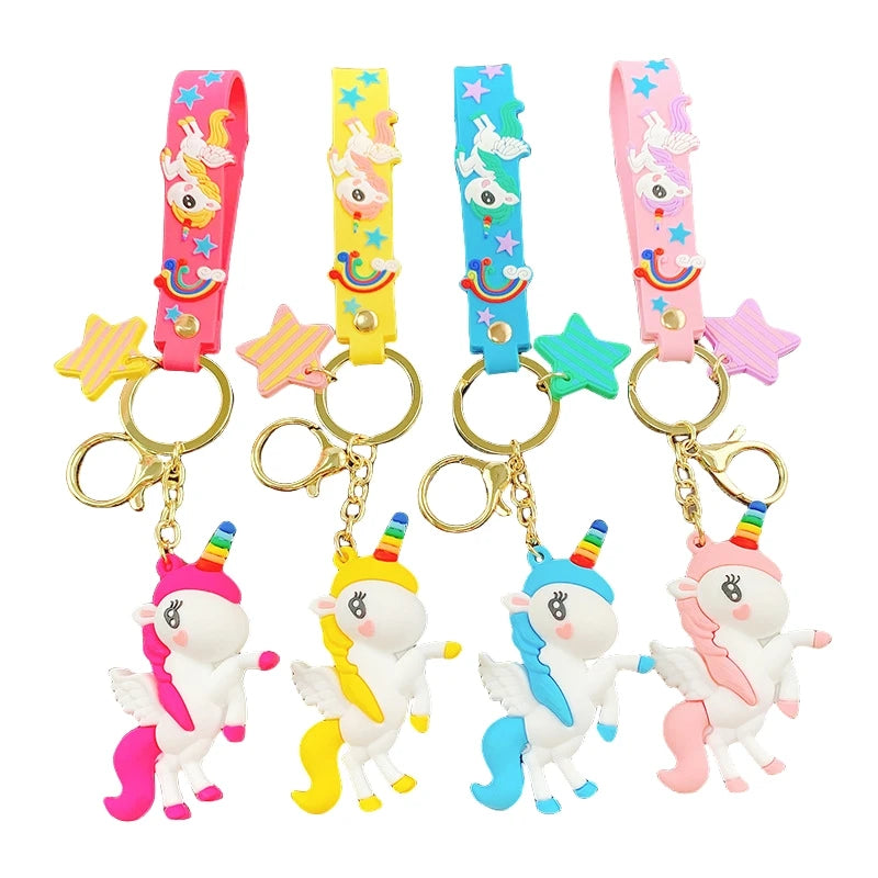 Cute Cartoon 3D PVC Animal rainbow Pink Yellow Red Blue Horse Unicorn Keychain with Wristband Strap Toys Kid unicorn Key Chain