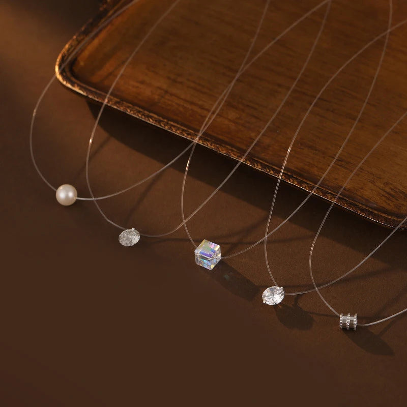RINNTIN XP104 Natural Diamond Invisible Chain Necklaces Pendants Moissanite Choker Necklaces Transparent Fishing Line for Women