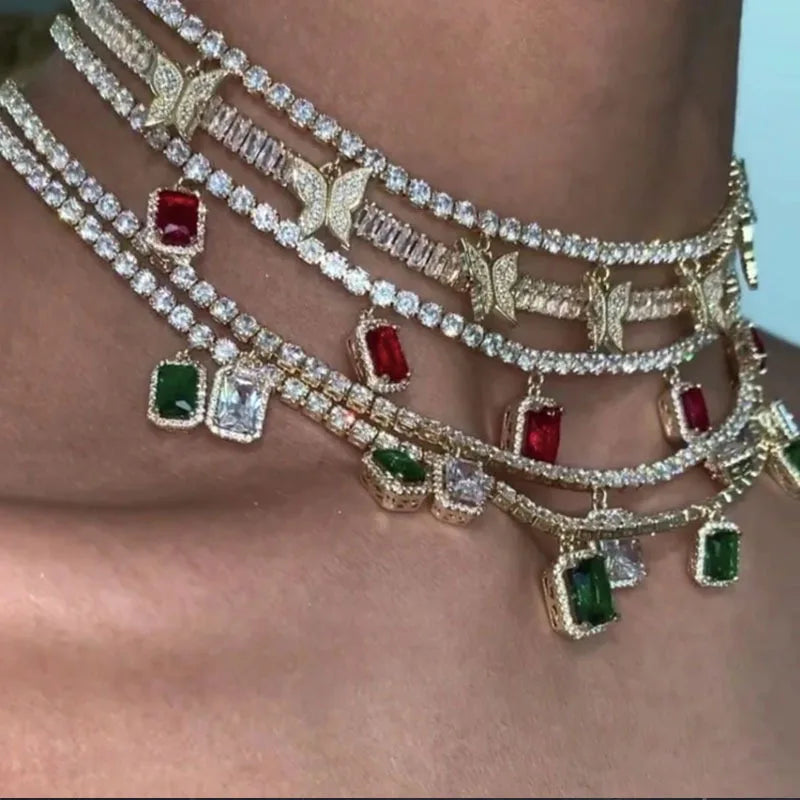Statement butterfly Tennis Chain Necklace Charms Crystal Choker for Women Cute Cherry Pendant Necklace Collar Hip Hop Jewelry