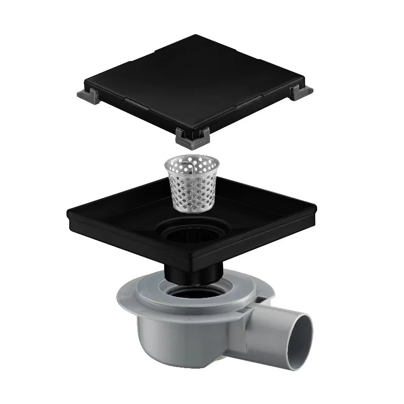 OEM Factory 15x15 CM Square Shower Drain with Horizontal Outlet Adapter Matte Black 304 Stainless Steel Tile Insert Floor Drain