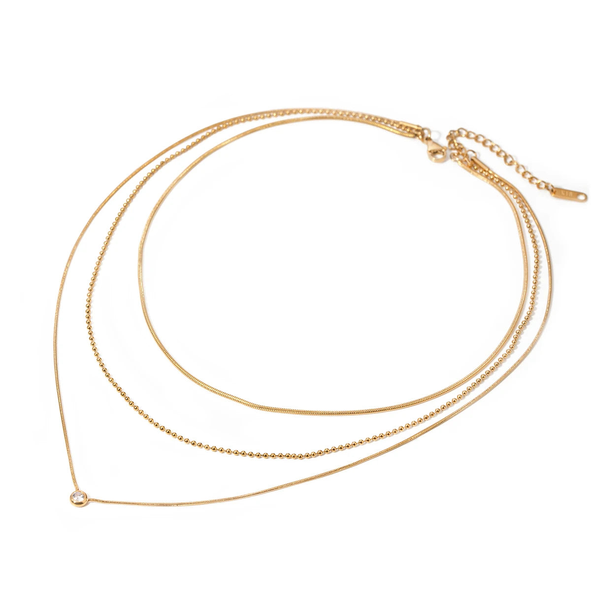 J&D 18K Gold Plated Stainless Steel Three-layer Necklace with a Round White Cubic Zirconia Pendant 35/40/45+5cm