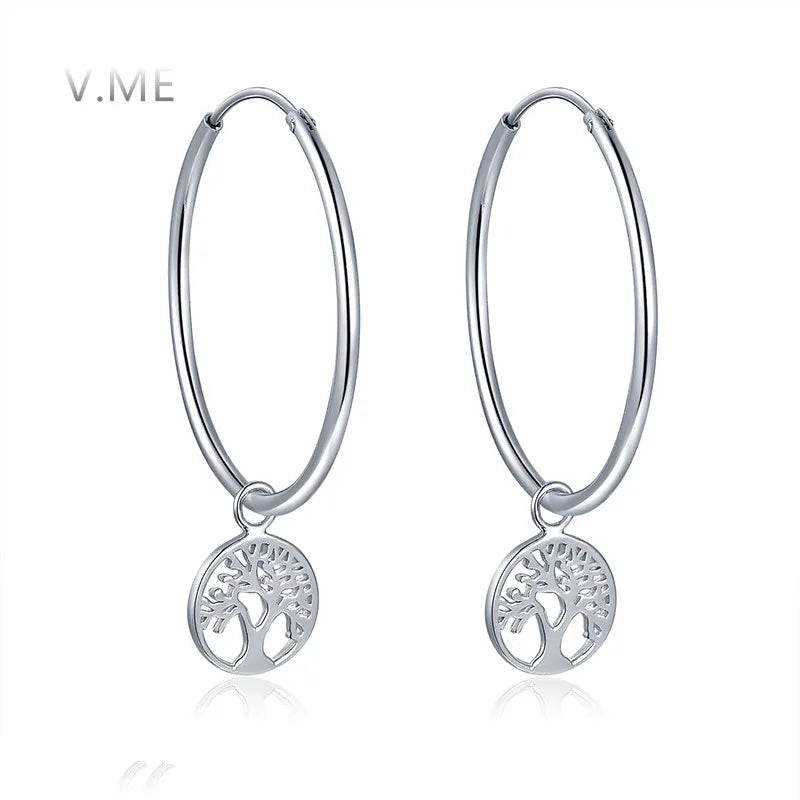 Plain Silver Big Hoop Dangle 925 Sterling Silver Earrings with Charm Disc Tree of Life Jewelry for Women