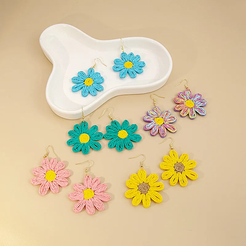 Beach Jewelry Handmade Colorful Flower Earrings Raffia Grass Daisy Flower Drop Earrings for Holiday