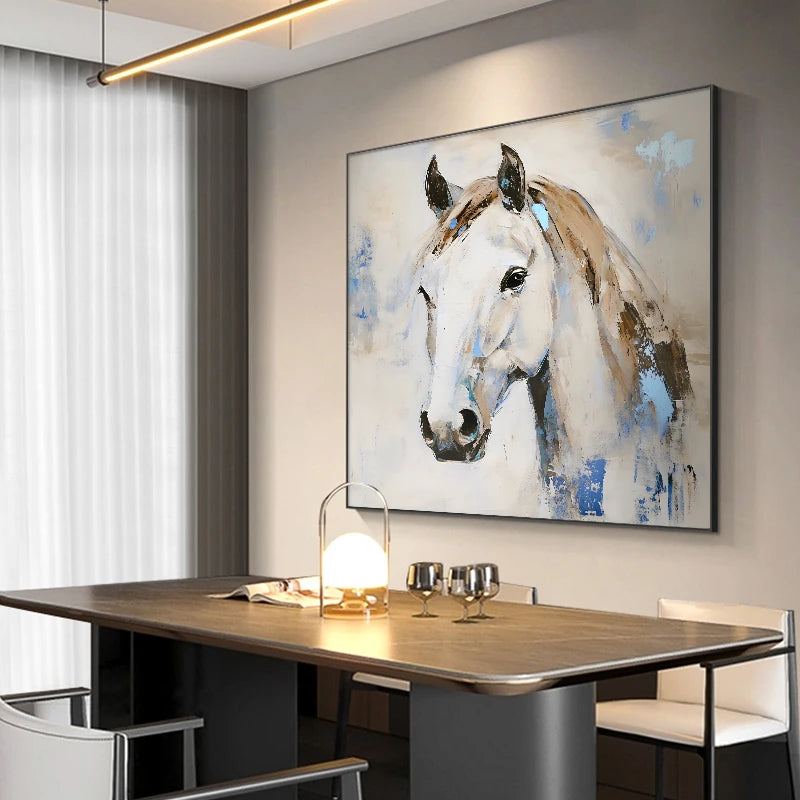 Silver Blue Baoju Square Horse Success Light Luxury Modern Style Hand-Painted Oil Painting Pure Dafen Village for Restaurant