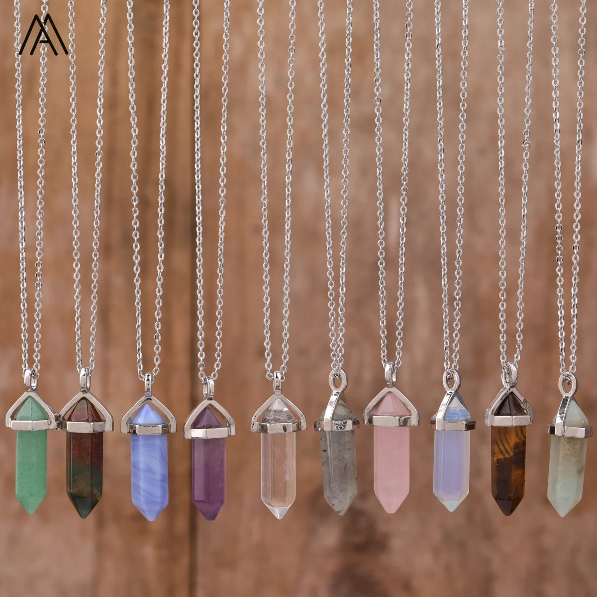 1 Inch Natural Real Gemstone Double Spike Hexagon Bead Pendant Necklace Bohemian Style for Women's Gifts
