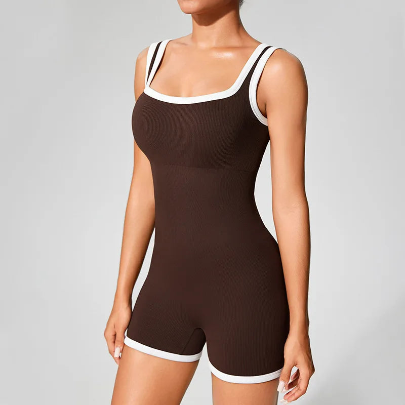 Ladies Contrast Color One Piece Sports Bodysuit Workout Rompers for Gym Fitness Pilates Yoga Jumpsuit Shorts for Women