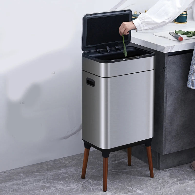 Smart Metal Double Inner Bucket  Waste Bins Household Kitchen Intelligent Sensor Recycling Bins Trash Can with Wood Legs