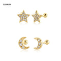 FUAMAY 2022 Moda Delicate Bling Bling Star Crescent Moon Earrings Gold Plated Studs Zircon Emerald Cut Diamond for Party Gift