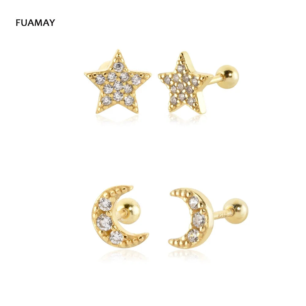FUAMAY 2022 Moda Delicate Bling Bling Star Crescent Moon Earrings Gold Plated Studs Zircon Emerald Cut Diamond for Party Gift
