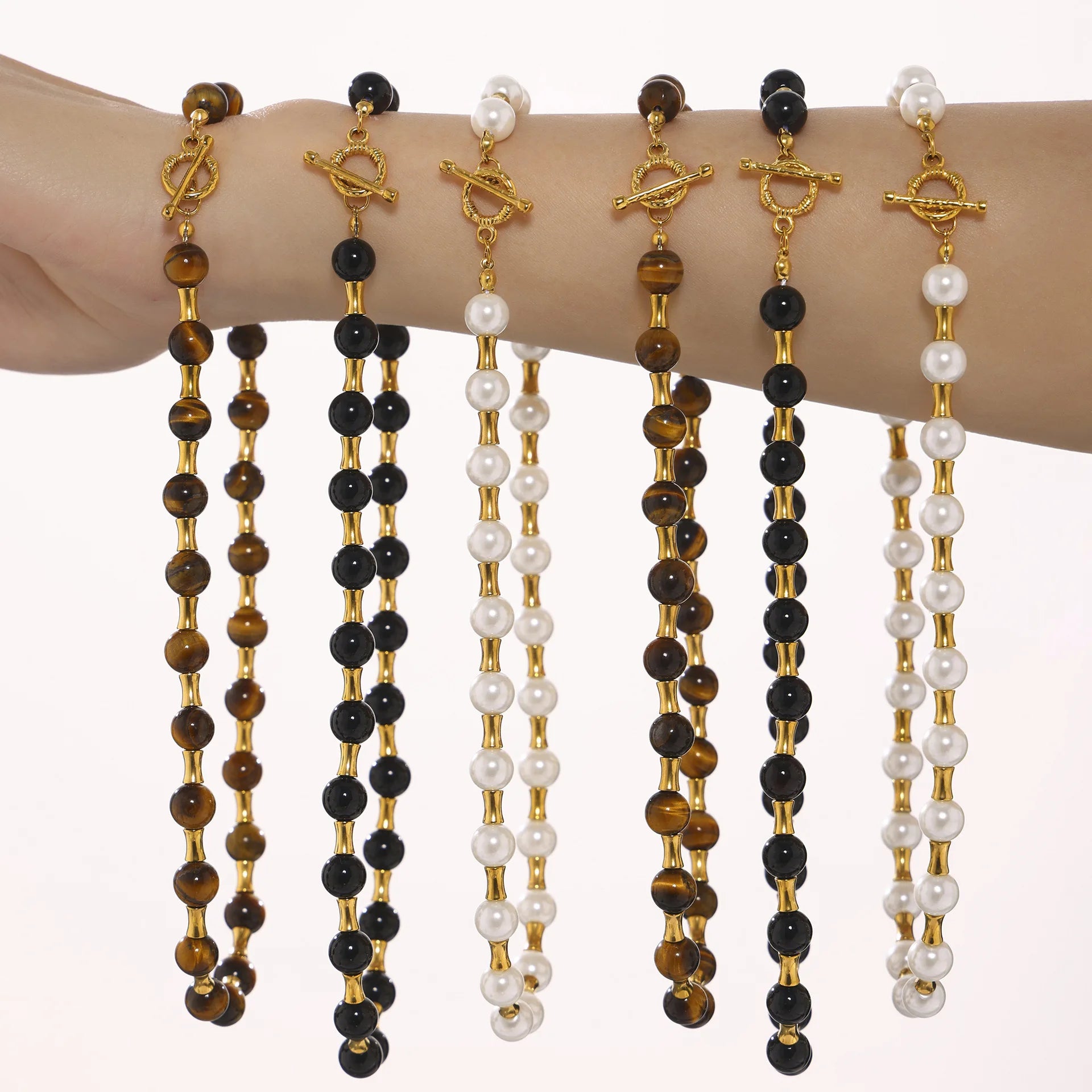 Minimalist OT Buckle Natural Stone Necklaces Shell Pearl Agate Tiger Eye Necklace Stainless Steel Necklace for Women