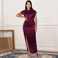 Pleated Long Wine Red Elegant Slit High Collar Slim Fit Sleeveless Maxi Robes Female Shiny Gowns Party Dress