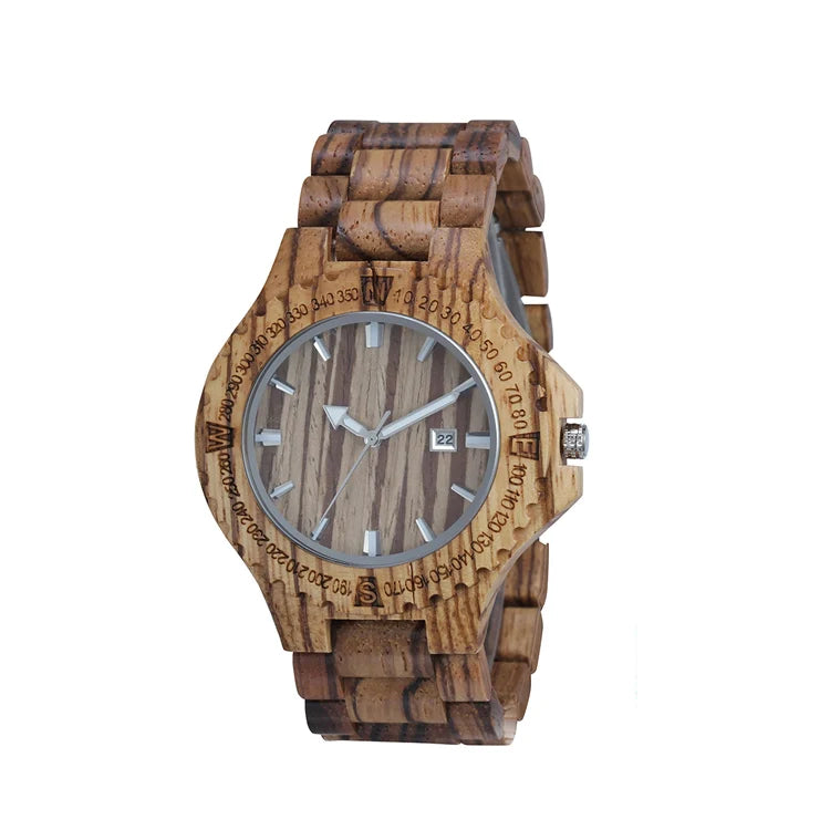 TJW Men's Super Luminous 46mm Dial Quartz Wooden Watch for Zebra Wood Sporty Style with OEM Custom Super Luminous Pointer