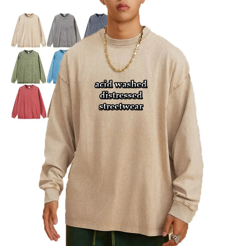 Custom Long Sleeve Tees T Shirts Printed Men's Silk Screen Printing Vintage Distressed Acid Wash T-shirt Men Oversized Tshirts