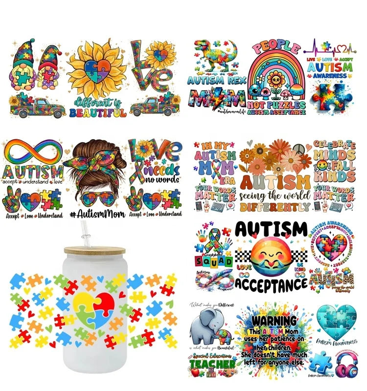 16OZ Ready to Ship  3D Autism UV DTF Cup Wrap Print Libbey Cup Wrap Transfers  Mental Health Glass Printing  UV Wrap  Design