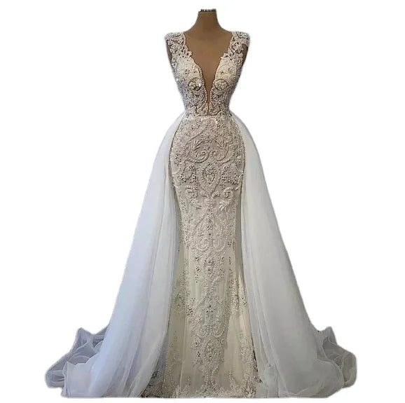 AL1618 2023 Drop Shipping Women's Elegant White Fishtail Wedding Dress Lace Flower Decor Long Bride Removed Tail New Party Dress