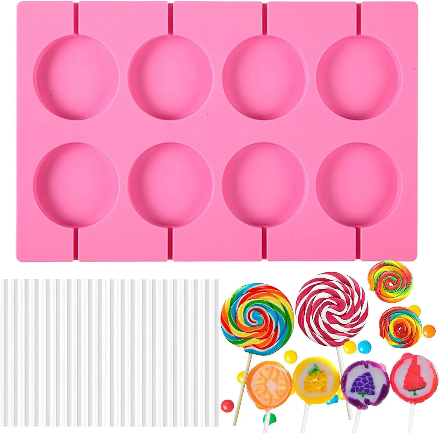Customize 8-Cavity Pink Silicone Lollipop Candy Mold round Hard Candy Lollypop Sucker Molds Cake Tools