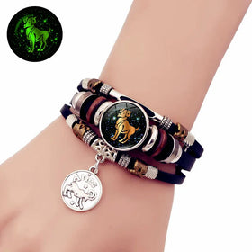 GT Adjustable Luminous 12 Zodiac Sign Hand Bracelet Glow in the Dark Leather Bracelet for Men Women