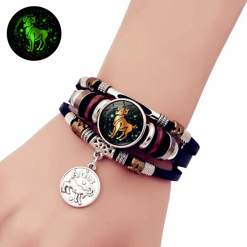 GT Adjustable Luminous 12 Zodiac Sign Hand Bracelet Glow in the Dark Leather Bracelet for Men Women