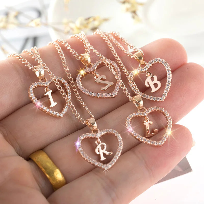 Factory Wholesale Letter Necklace Jewelry  26 Letter Zircon Love Heart Pendant Initial Necklace for Women Gift