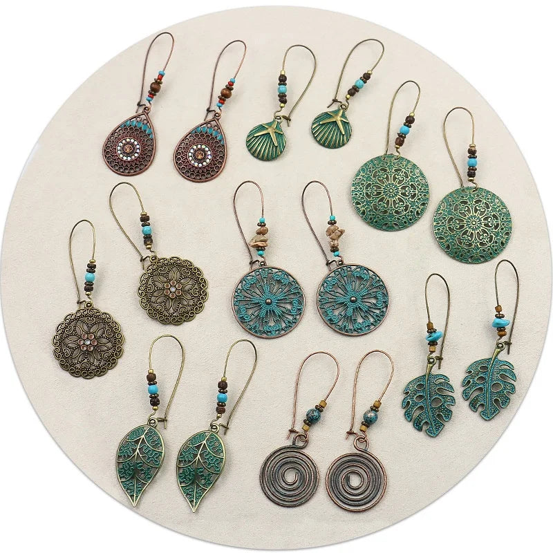 8 Styles Baroque BOho Retro Antique Bronze Plated Monstera Leaf Waterdrop Pendant Vintage Bohemia Earrings Jewelry for Woman