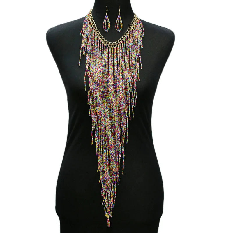 Jiingcan Crystal  Bohemian Women Charm Jewelry  Handmade Choker Beaded Long Tassel Statement Seed Bead Necklace