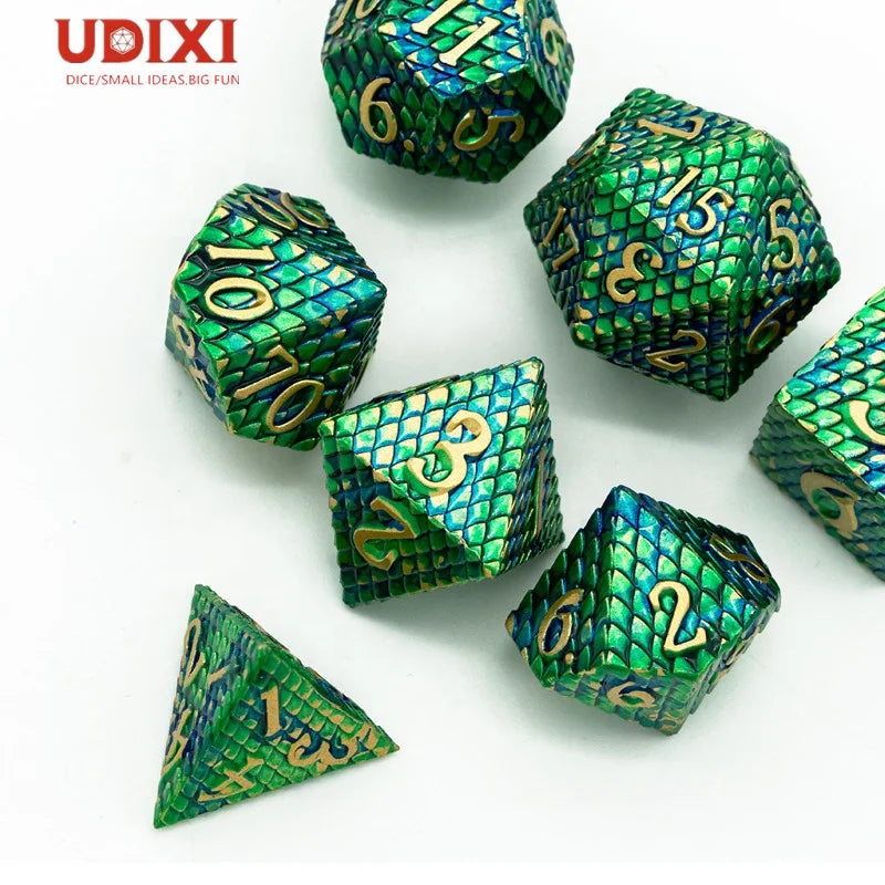Udixi Polyhedral RPG Dungeons and Dragons Custom logo Metal Dice Set with Dragon Scale Pattern