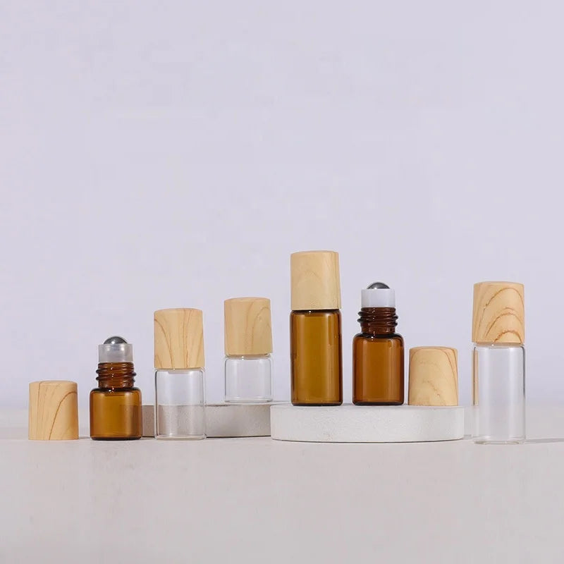 1ml 2ml 3ml Easy Take Tawny Essential Oil Roller Glass Bottle Bamboo Pattern Plastic Lid Screw Cap for Perfume Oil Roll Bottle