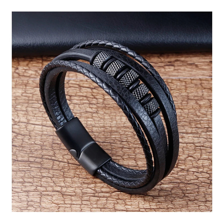 Stainless Steel and Genuine Leather Men's Luxury Jewelry Bracelet Fashion 5 Layer Wrap Braided Magnetic Bracelet Engrave for Men