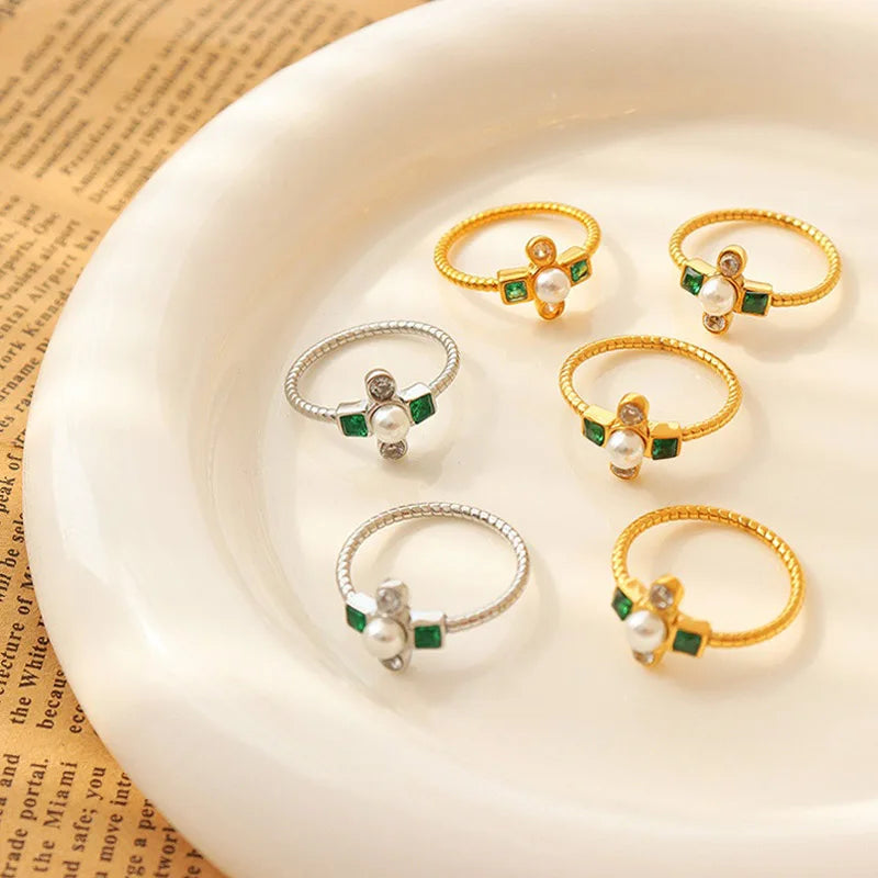 French Light Luxury Ins Zircon Pearl Ring Personalized Design Stainless Steel Gold Plated Ring Anillos De Oro
