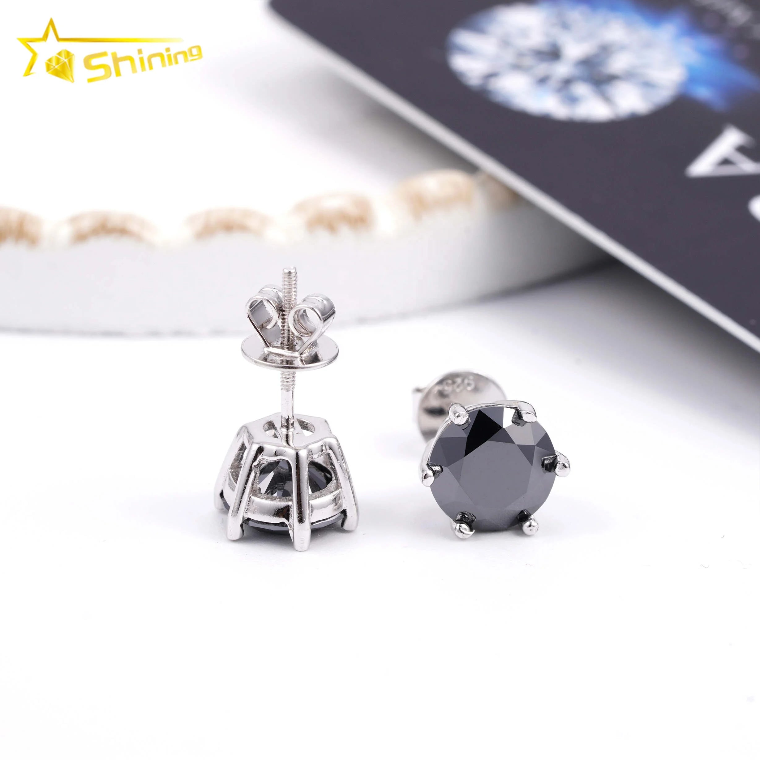 Ready to Ship Fashion Classic Regular 925 Sterling Silver Black Moissanite Diamond Stud Earrings