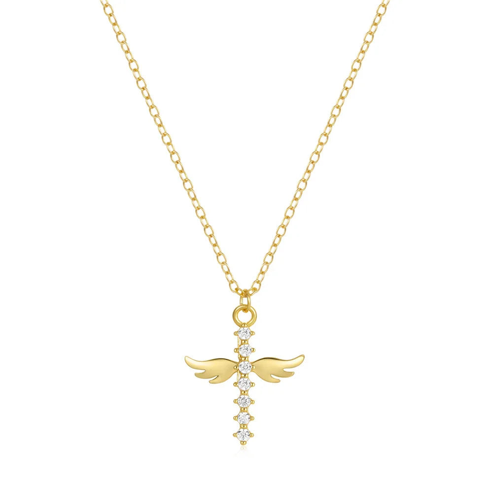S925 Sterling Silver Fashionable 18k Gold-plated Zircon Angel Wing Cross Collarbone Necklace