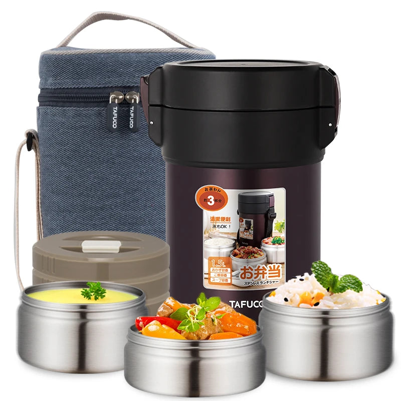 Custom Brand Premium Stainless Steel Food Container Vacuum Insulated Metal Tiffin Carrier Thermal Lunch Box with Bag