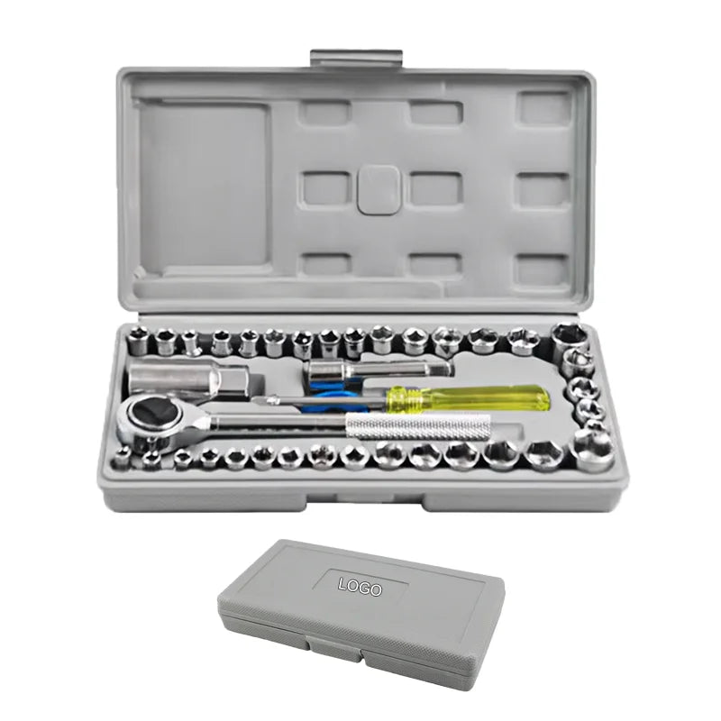 Daily Using Grey Hand Toolkit 40pcs 1/4" 3/8" Ratchet Wrench Socket Set Box for Motorcycle Car Repairing