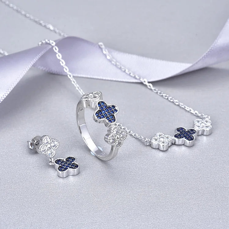 Fashionable 925 Sterling Silver Jewelry Set AAA Cubic Zirconia Rhodium Plating Wedding Four Leaf Jewelry Sets for Woman