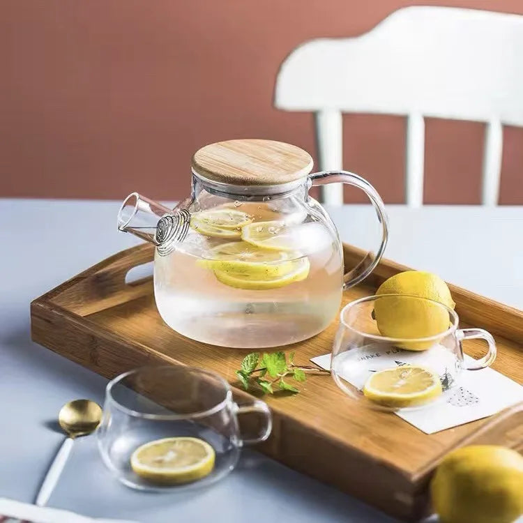 High Borosilicate Heat Resistant Glass Teapot Glass Tea Kettle Pitcher with Wooden Cover Clear Teapot