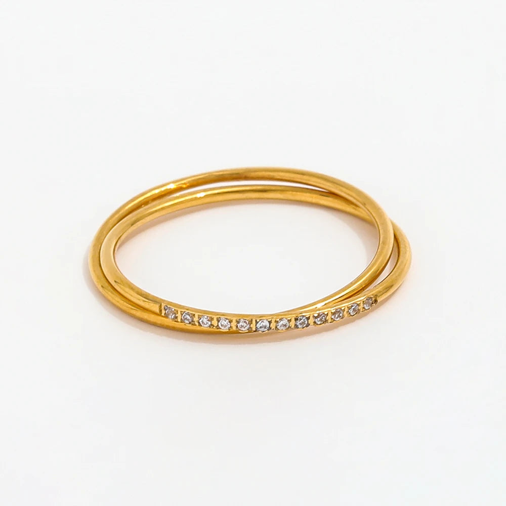 Joolim High End 18K Gold Plated Dainty Zirconia Half Pave Double-layer Cross Ring for Women Stainless Steel Fashion Jewelry