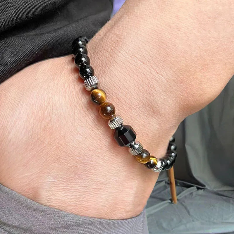 Natural Black Onyx Stone Bracelet for Men Women Stainless Steel Chain Triple Protection Spiritual Healing Hip Pop Bracelet