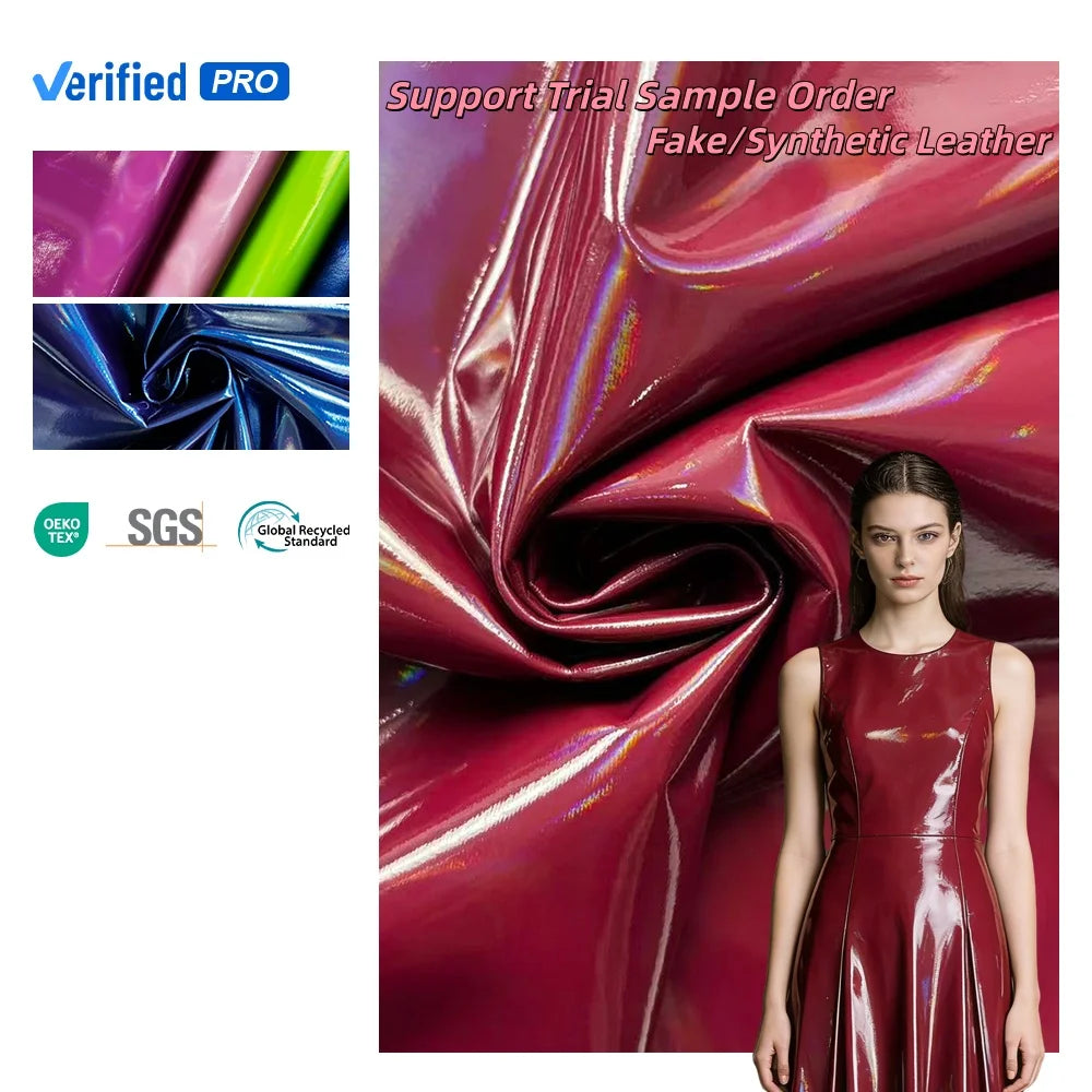 Hot Sale Customized Design Rainbow Color Holographic 4 Way Stretch Elastic PU Leather for Leggings Skirts Garments Factory Stock