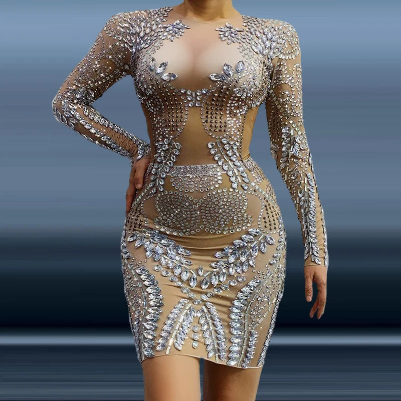 2022 Stage Show Sequin Mini Dress Party Club Transparent Feast Nightclub Luxury Prom Dresses With Diamonds
