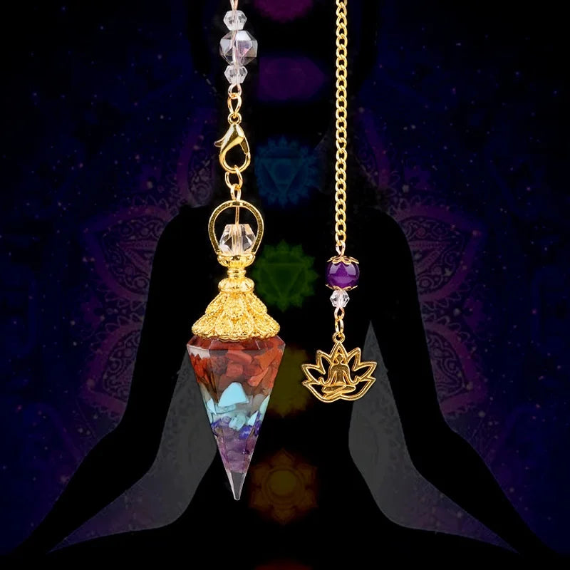New Healing Chakra Natural Crystal Pendulum Agate Pendant Colorful Gravel Resin Gold Hexagonal Cone Craft Other Crystal Crafts