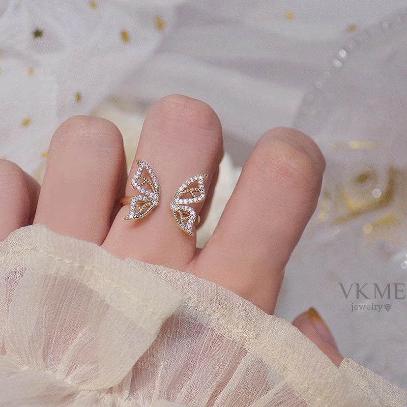 VKME Luxury Silver Plated Butterfly Rings Bling Rhinestone Crystal Butterfly Open Ring for Women