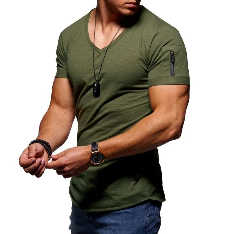 Fashion V-neck Slim Bottoming Shirt Polyester Cotton Casual T-Shirt Men's Gym Short Sleeve Sweatshirt