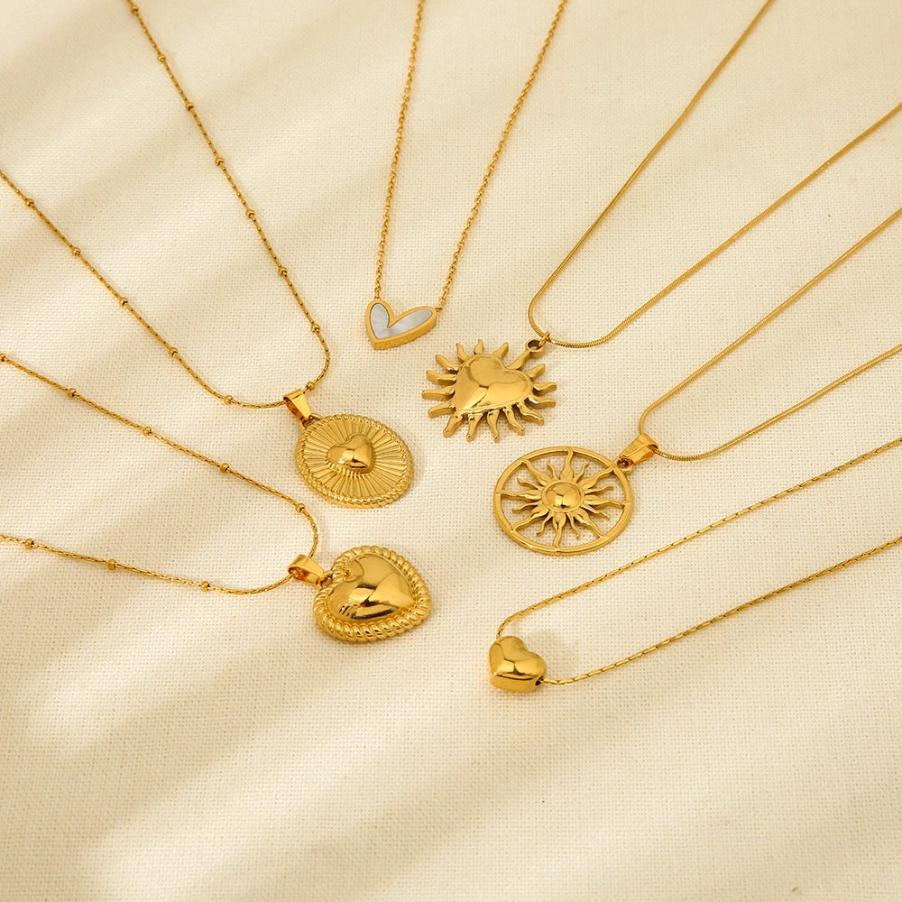 Valentines Jewelry 18K Gold Plated Stainless Steel Natural Shell Sunburst Sun Love Heart Pendant Necklaces for Women