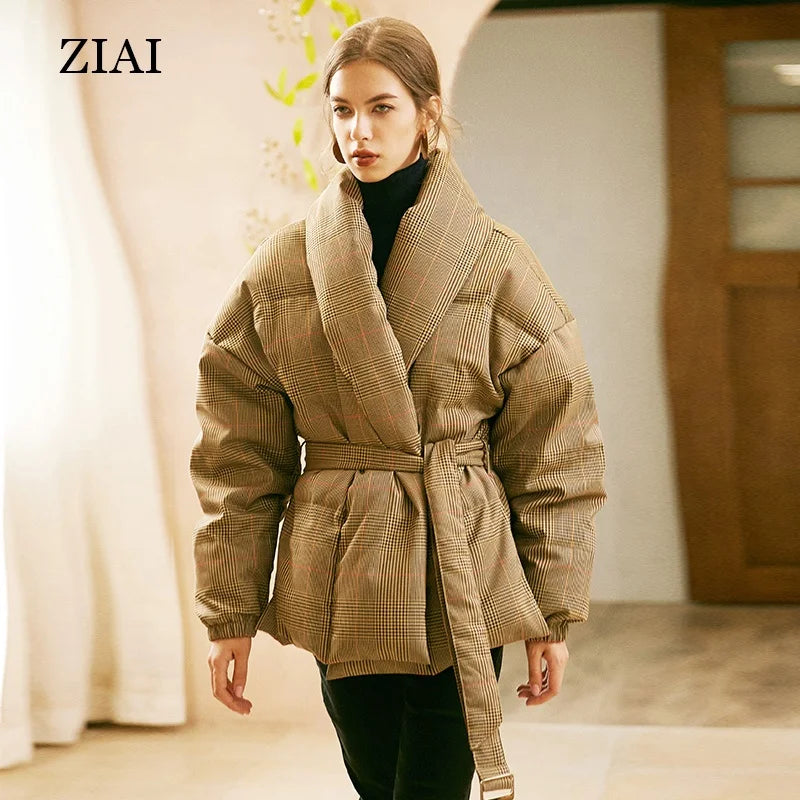 New Temperament Check 90 High-fleece High-end Down Jacket Women Short Small Loose Profile Winter Coat