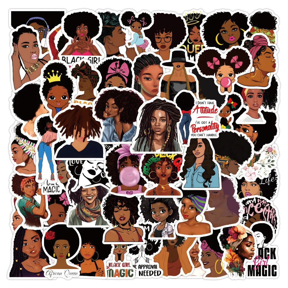 60Pcs Cartoon Black Girls Graffiti Stickers for Phone Luggage AFRO Negro Girl Sticker