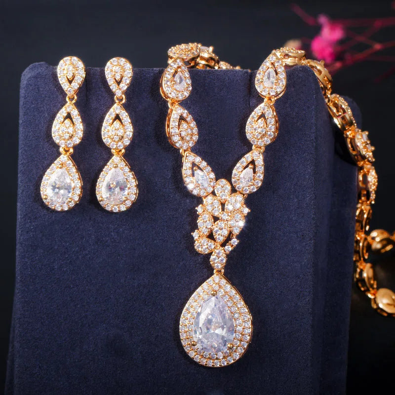 Gorgeous Bright Water Drop Cubic Zirconia 585 Gold Women's Party Wedding Necklace and Earrings Luxury Bride Costume Jewelry Set