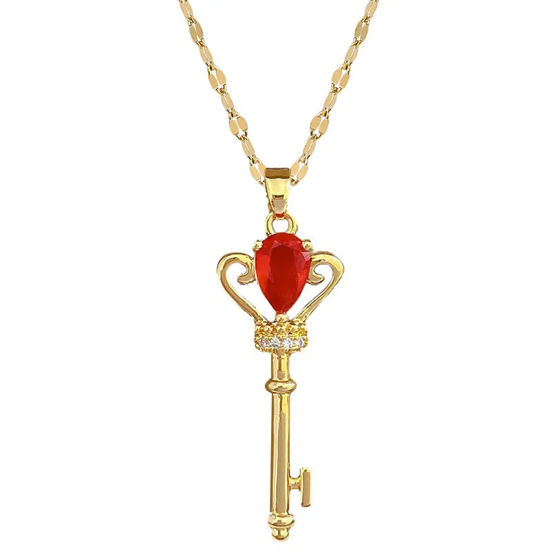 Titanium Steel Full Diamond Crown Key Pendant Necklace Charm Choker Chain for Women Wedding Engagement Stainless Steel Jewelry