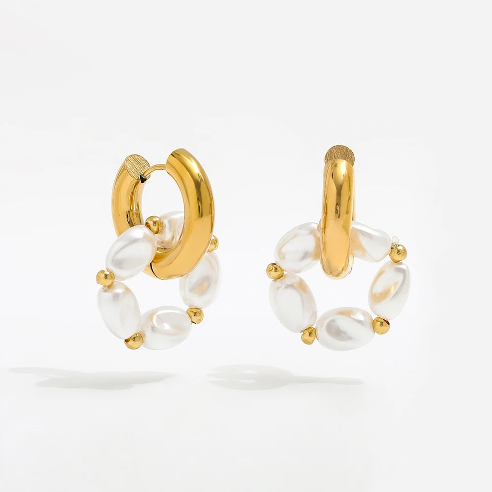 High End PVD 18K Gold Plated Waterproof Pearl String Pendant Chunky Huggie Earrings Stainless Steel Jewelry Wholesale