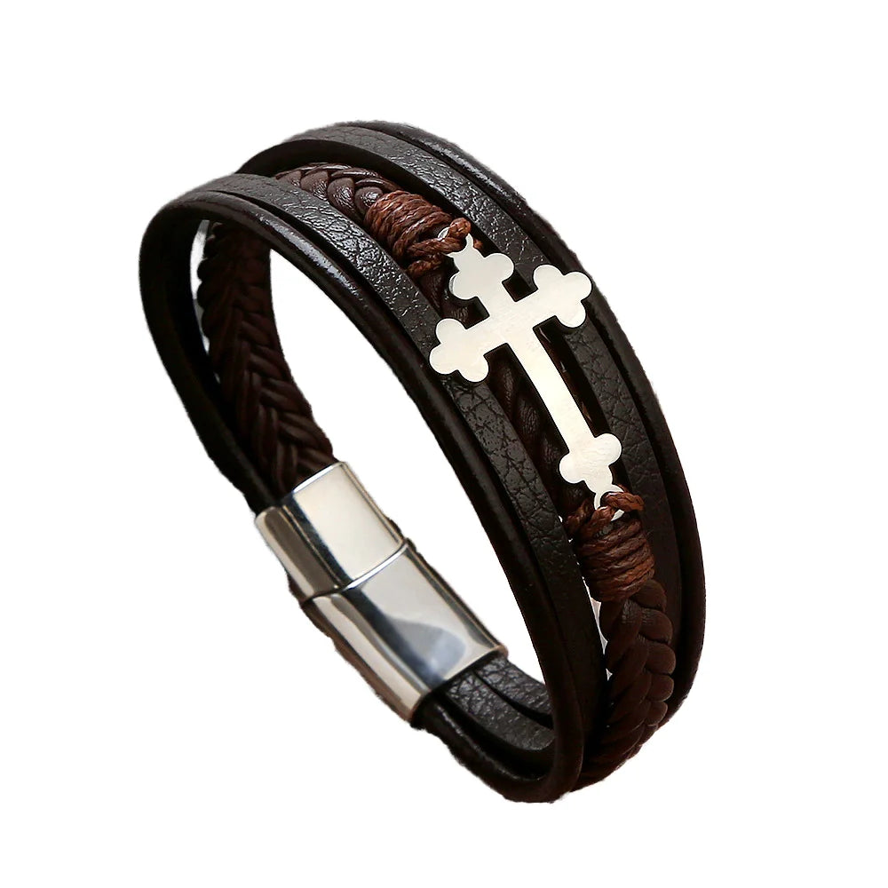 Wholesale New Men's Stainless Steel Cross Fashion Titanium Steel Bracelet Personality Multi-Layer Woven Leather Gift